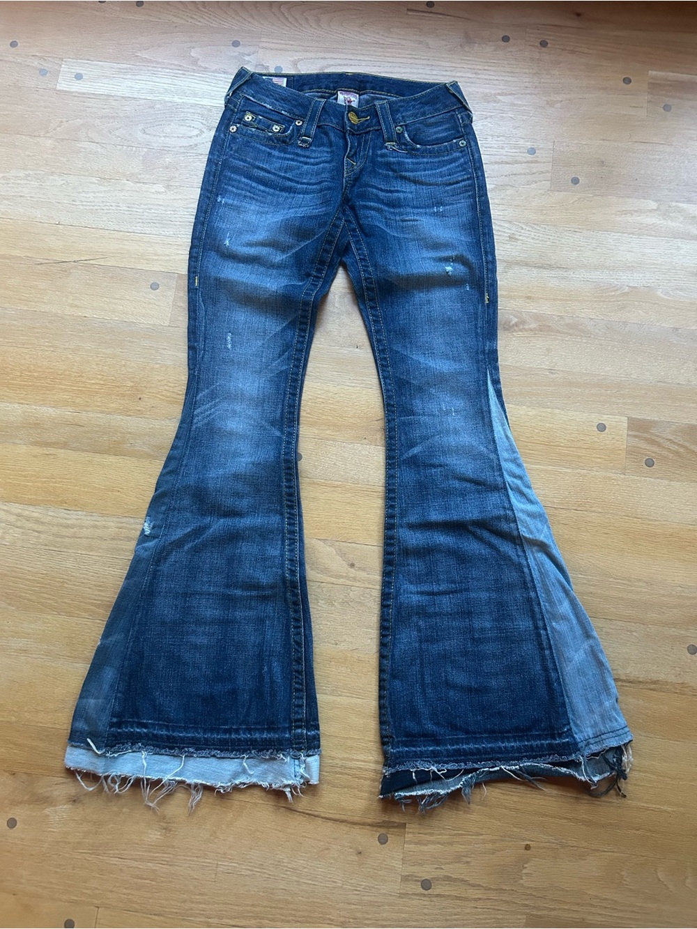 Vintage True Religion Dark Blue Flare Jeans with Frayed Hem